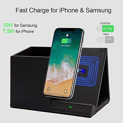 COSOOS Premium Fast Wireless Charger & Desk Organizer – Streamlined Charging Station for i Phone 15/15 Pro/15 Pro Max/14/13/12/11/XS/8 Plus & Samsung Galaxy S21/S20+/S10/Note 10/Note 9 (AC Adapter Not Included) – Ultimate Workspace Efficiency & Speed Enhancement Elevate your charging experience with the COSOOS Premium Fast Wireless Charger, expertly crafted to streamline your workspace while ensuring rapid power delivery to a wide range of smartphones. This innovative charging station is perfect for tech-savvy individuals seeking a blend of functionality and style, accommodating i Phone models 8 Plus through 15 Pro Max and popular Samsung Galaxy variants. Designed with an integrated desk organizer, this sleek charger keeps your essential items like pens and notes within reach, promoting a tidy and efficient workspace. Its compact dimensions fit effortlessly on any desk, providing a clutter-free aesthetic. While the AC adapter is not included, this charger performs optimally with your existing accessories, making it a versatile addition to your setup. Built from high-quality materials for durability and easy maintenance, the COSOOS Fast Wireless Charger enhances productivity and elevates your workspace aesthetics, ensuring you’re always ready to power up without the hassle of tangled cords.