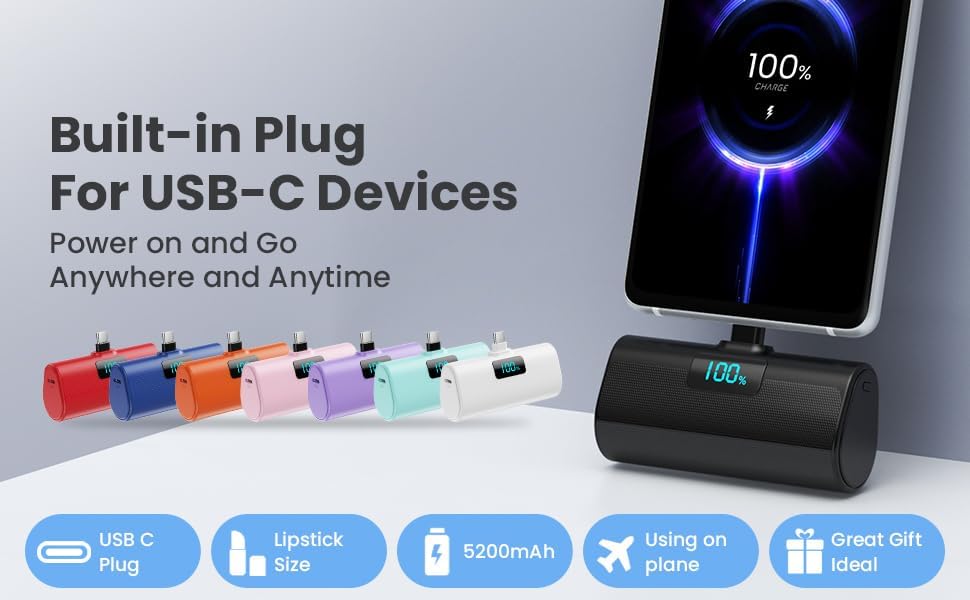 Dual-Pack Portable Power Bank for i Phone 16 Series – 5200 m Ah Fast Charging USB-C Battery Pack with Built-in Connector for i Phone 16/16 Plus/16 Pro/16 Pro Max/15 Series, Samsung & Android Devices – Lightweight Travel Charger for On-the-Go Convenience