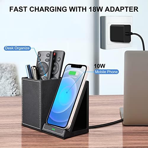 Sleek Marble Finish Wireless Charging Station with Desk Organizer – Fast Qi-Certified Charger for i Phone 13/12/11 Series, Effortless Device Power-Up & Luxurious Leather Accents for an Organized Workspace