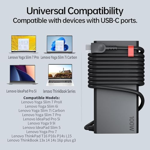 Ultimate 100 W USB-C Charger for Lenovo Yoga & Think Pad Series – Fast Charging, Wide Compatibility, and Enhanced Durability – Perfect for Yoga Slim 9, Y9000, Think Book 16, and More – Power Your Devices Efficiently with 30-Day Satisfaction Guarantee