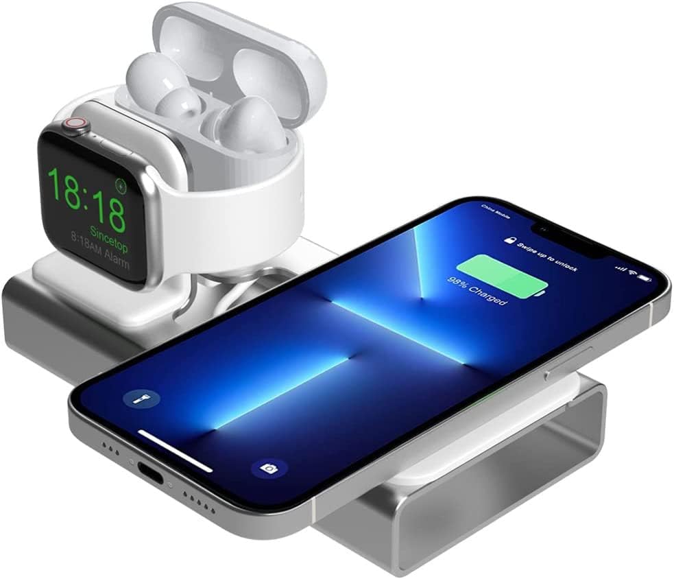 Ultimate 3-in-1 Aluminum Charging Station for i Phone, Apple Watch & Air Pods – Mag Safe Compatible Desk Stand for i Phone 15/14/13/12, Apple Watch Series 9/Ultra/8/7/SE/6/5/4/3/2, Air Pods Pro/2/1 – Streamline Your Charging Experience with Sleek Design and Enhanced Durability