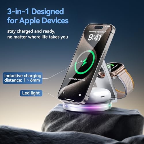 Sleek 3-in-1 Wireless Charging Station for Apple Devices – 15 W Fast Mag-Safe Qi-Certified Portable Charger Stand for i Phone 12/13/14, Apple Watch & Air Pods Pro/2/3 – Adjustable Viewing Angle & Compact Design in Elegant Silver Finish – Ultimate Convenience for Home and Office Use