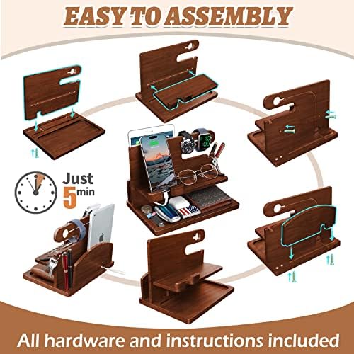 Wood Phone Docking Station – Nightstand Charging Organizer and Cell Phone Stand – Bedside Gift for Men – Enhanced Compatibility and Speed