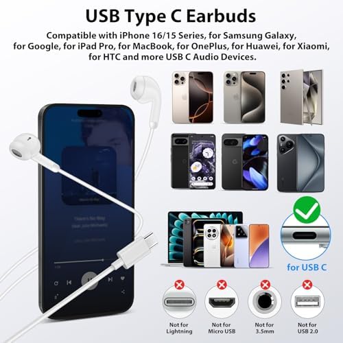 COOYA USB C Hi-Fi Stereo Earbuds – Ultra-Lightweight In-Ear Headphones with Built-In Mic & Volume Control for i Phone 16 Pro Max, i Pad 10, Galaxy A16, S25 Ultra – Ergonomic Design for All-Day Comfort & Exceptional Sound Quality Across Devices