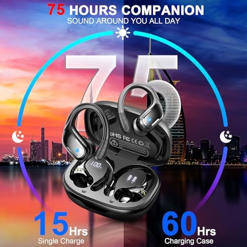 Ultimate Wireless Sport Earbuds with 75-Hour Playtime, Bluetooth 5.4 Connectivity, and IP7 Waterproof Rating – Noise-Canceling Earphones with Deep Bass for Gym, Running, and Outdoor Activities – Enhanced Comfort and Stability for Active Lifestyles