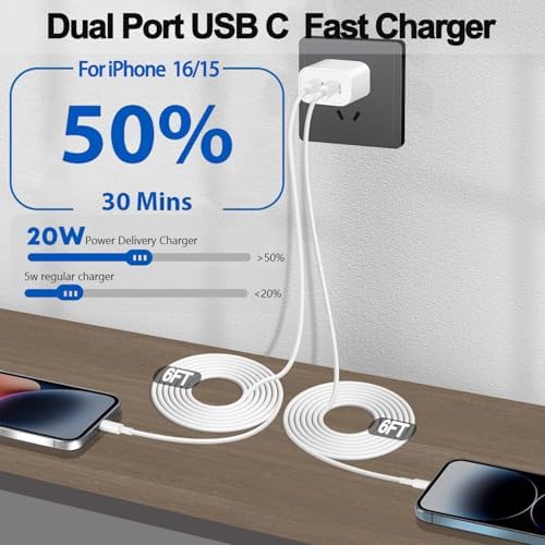 Revolutionize Your Charging Routine: Dual-Port Fast Wall Charger Set for i Phone 16 & 15 – Includes 6 FT USB C to C Cable – Rapid Power Delivery for i Pad Pro and More – Safety-First Design for Worry-Free Use – Ideal for Family and Travel Charging Needs