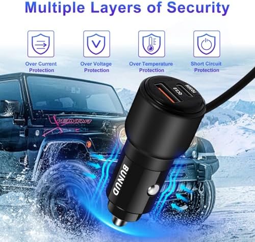 BUNUD 66 W USB C Car Charger with Retractable Cable: Dual Port PD & QC3.0 Adapter for Rapid Charging – Ideal for i Phone 16/15, Galaxy S24/S23, and All USB-C Devices – Perfect for Road Trips and Daily Commuting – Compact Design for Easy Storage and Enhanced Compatibility