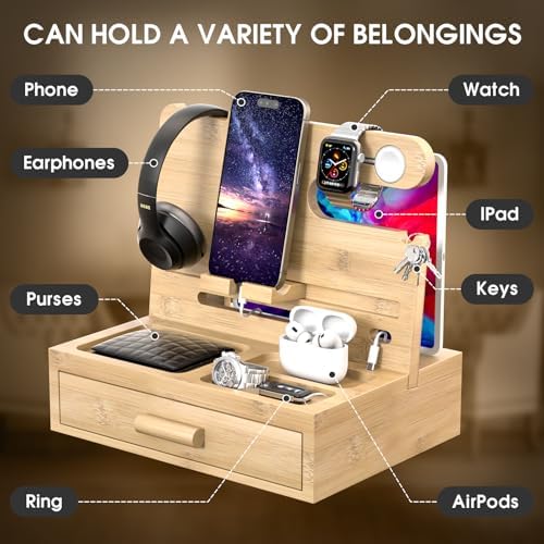 melafa365 Nightstand Organizer for Men,Phone Docking Station with Cable Management,Night Stand with Drawer,Bedside Organizer for Watches,Keys,Wallets,Gifts for Men(Wood) – Enhanced Compatibility and Speed