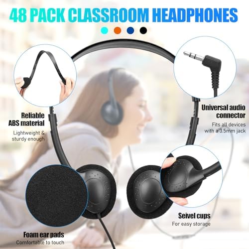 Ultimate Classroom Audio Solution: Frienda 48-Pack Over-Ear Headphones for Students and Adults – Wired Stereo Headset with Universal 3.5 mm Jack – Perfect for Schools, Libraries, and Travel – Noise-Isolating Design for Maximum Concentration and Comfort – Lightweight, Durable, Ideal for Long Listening Sessions