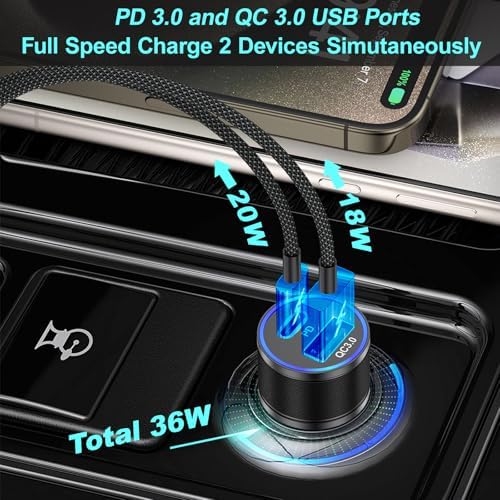 38 W Dual Port Fast Car Charger for i Phone 16 & 15 – Includes 2 Braided 6 ft USB-C Cables & 40 W Wall Adapter – Quick Charge 3.0 Cigarette Lighter Adapter for i Pad, Samsung & Tablets – Ultimate On-the-Go Charging Solution