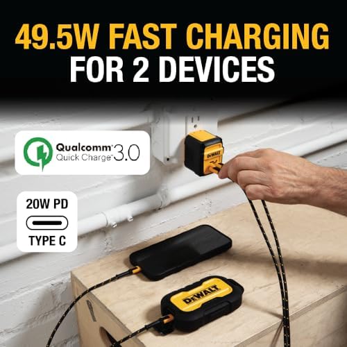 DEWALT 49.5 W Heavy-Duty USB-C and Dual USB Wall Charger Block – Compact Fast Charging Adapter for i Phone 16/15/14, Galaxy, Pixel 4/3 & i Pad – Durable Foldable Design for Ultimate Portability and Versatile Device Compatibility