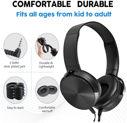 Classroom Headphones Bulk Pack – 10 On-Ear Student Headsets with Superior Stereo Sound, Comfortable Swivel Ear Pads for Engaging Learning and Online Classes – 3.5 mm Compatible for Ultimate Convenience (Black) – Perfect for Schools, Libraries, and Group Learning Activities
