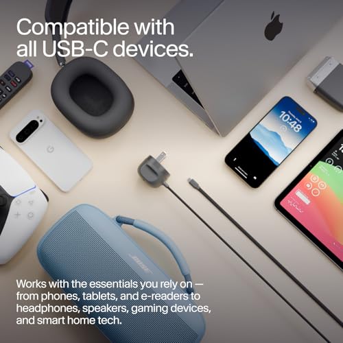 Twelve South Power Cord 30 W USB-C Fast Charger with 4 ft Tangle-Free Cable and Compact Wall Adapter – Universal Compatibility for i Phone, i Pad, Samsung, Mac Book Air & More – Sleek Slate Design for Home & Travel Efficiency