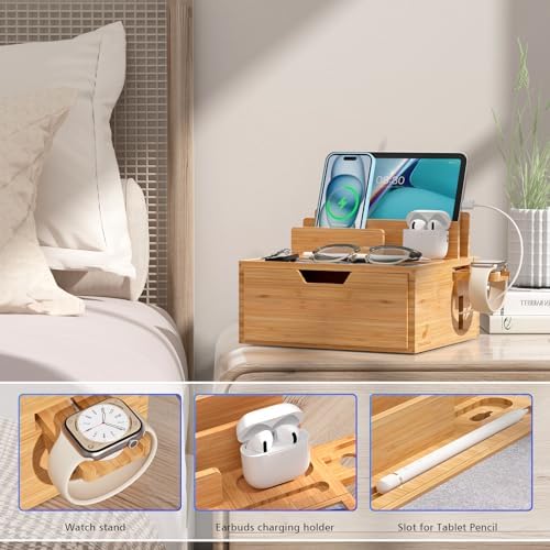 Bamboo Multi-Device Charging Station with 5-Port USB Hub & Drawer – Fast Charging Dock Organizer for Smartphones & Tablets – Eco-Friendly Power Solution with Enhanced Compatibility & Sleek Aesthetics