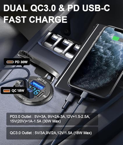 Powerful 78 W Quad-Port 12 V USB Charging Hub – Dual QC3.0 & PD3.0 Quick Charge Car Charger with Integrated Voltmeter, Waterproof Aluminum Alloy Design for Cars, Boats, RVs, ATVs, and More – Optimal Device Compatibility and Speed Enhancements