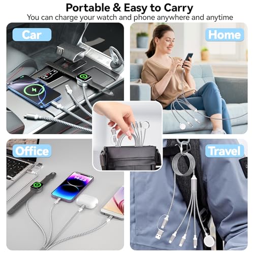 Ultimate 6 FT Multi-Device Charging Cable: Fast Nylon-Braided i Watch and Smartphone Charger Compatible with i Phone, i Pad, Galaxy, and More – Durable, Tangle-Free Solution for Ultra, SE, and All i Watch Models – Streamline Your Charging with Versatile 4-in-2 Connectivity