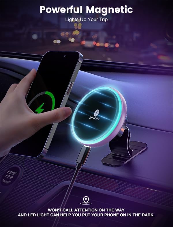 MOKPR 15 W Mag Safe Car Charger & Magnetic Phone Holder – Effortless Fast Wireless Charging with Dynamic LED RGB Lighting for i Phone 15/14/13/12 Series – Stylish Dash & Air Vent Mount for Enhanced Driving Experience and Convenient Accessibility