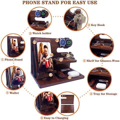 Gifts for Dad Men Mom Women from Daughter Son Birthday Gifts Nightstand Organizer Mens Wood Phone Docking Station (Black) – Enhanced Compatibility and Speed