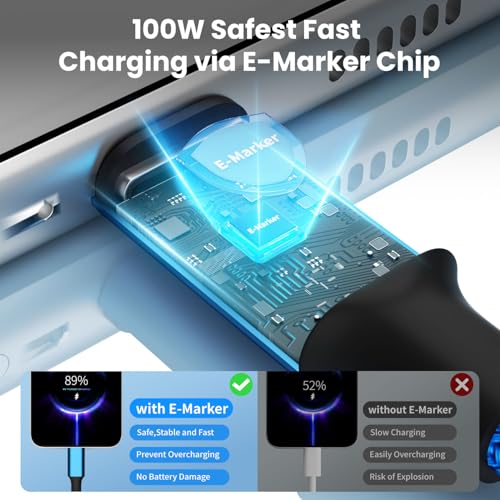 Power Up Your Devices with the 100 W USB C Multi Charging Cable – 3-in-1 Fast Charging Solution Featuring E-Mark Chip for Enhanced Safety and Universal Compatibility with USB C, Lightning, and Micro USB Devices – 5 FT Length, 2-Pack for Ultimate Convenience and Efficiency in Charging Smartphones, Tablets, Laptops, and More