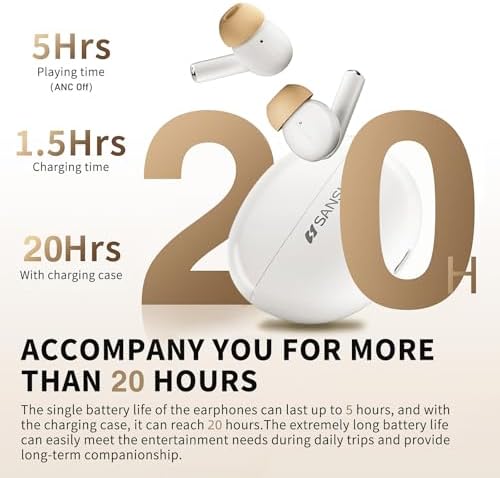 SANSUI Bluetooth 6.0 Earbuds with Active Noise Cancelling – IPX4 Waterproof Stereo Headphones Offering 20-Hour Playtime & Deep Bass for Ultimate Listening Freedom in Khaki White