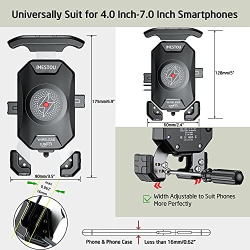 i MESTOU Wireless Phone Charger & Anti-Theft Motorcycle Mount – Fast 15 W Quick Charge with 720-Degree Rotation, USB-C 3 A Compatibility, Secure 1″ Ball Phone Holder for 4.0-7.0″ Smartphones – Innovative Handlebar Accessory for 12 V/24 V Vehicles