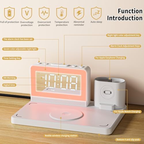 Revolutionize Your Charging Routine with the 7-in-1 Wireless Fast Charging Station – All-in-One Alarm Clock Dock for i Phone, Samsung Galaxy, Apple Watch & Air Pods – Enhanced Speed, Sleek Design, and Safety Features for Ultimate Convenience