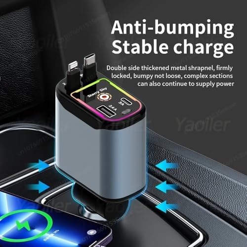 Revolutionize Your Road Trips with the Retractable 4-in-1 Fast Car Charger – Dual Retractable Cords (Type C + i OS) and 2 USB Ports for Multi-Device Power | RGB Starlight Design for Enhanced Aesthetics | High-Speed Charging Compatibility for Android & i Phone Models – Charge Up to 4 Devices Simultaneously