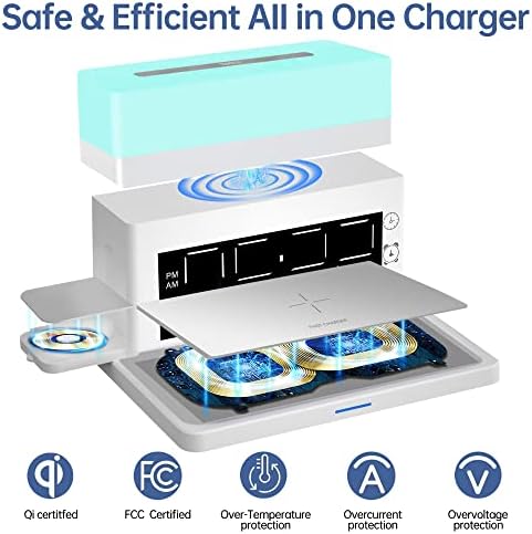 6-in-1 Wireless Charging Station with Digital Alarm Clock & Adjustable Night Light – 15 W Fast Charger Compatible with i Phone 14/13/12/11/XS, Samsung Galaxy, Air Pods & Apple Watch – Sleek Black Design for Ultimate Convenience and Organization