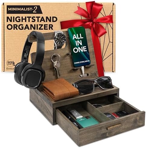 Nightstand Organizer- Rustic Bedside Organizer with Drawer for Cellphone, Watches, Headphone, Sunglasses, & Accessories- Makes an Ideal Gift for Dad or Son – Enhanced Compatibility and Speed