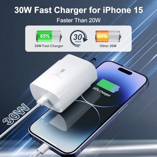 Rapid Charge 30 W USB-C Charger Trio for i Phone 16 & Samsung Galaxy S24 – High-Performance Fast Charging Set with 10 FT Cable – Perfect for Home, Office, and Travel – Superior Safety Features & Universal Device Compatibility