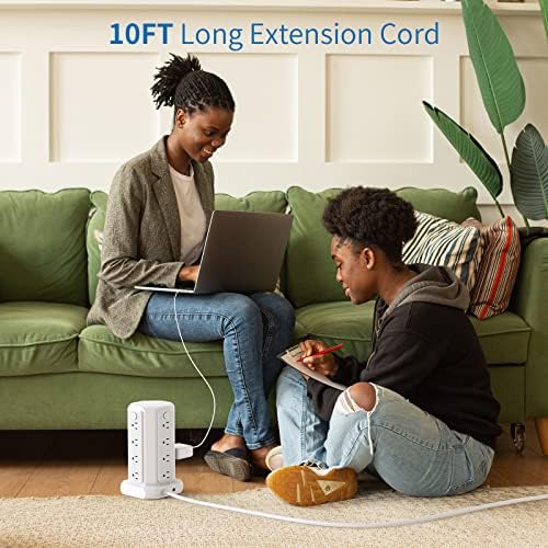 10 ft NTONPOWER Power Strip Tower with 8 Outlets & 5 USB Ports – Premium Surge Protector with Individual Switches, 1080 Joules Protection, 13 A Circuit Breaker – Ideal for Home Office & Entertainment Setup, Sleek Black Design for Ultimate Convenience