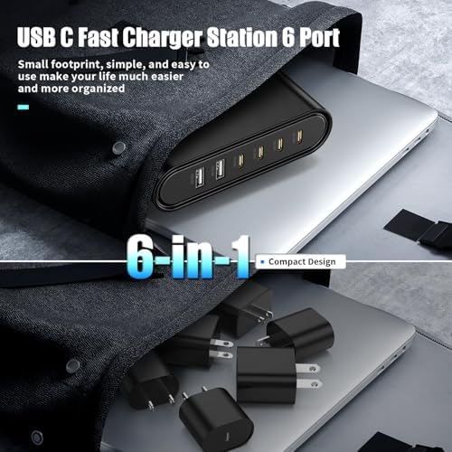 6-in-1 USB C Fast Charging Station Hub – Universal Desktop Charger for i Phone 16/15/14/13 Pro Max, i Pad Air, Mac Book & Samsung Galaxy S24+/S23 Ultra – High-Speed Multiport Power Adapter with Smart Charging Technology & Safety Features for Home & Travel