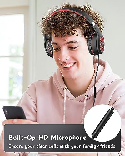 K16 Kids’ Foldable Wired Headphones with Microphone – Lightweight On-Ear Stereo Bass Design in Vibrant Pink and Red for School, Gaming, and Tablet Use – Compatible with Kindle, Chromebook & More – Durable Comfort for All-Day Listening