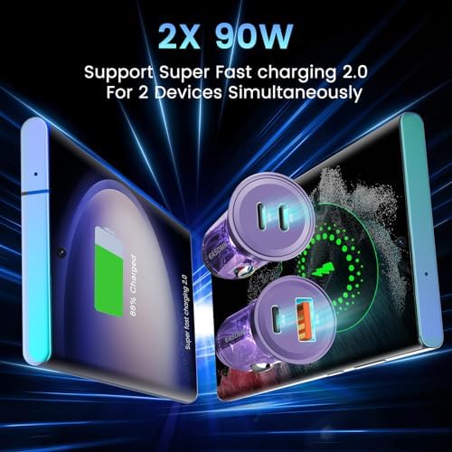 90 W Dual-Port USB C Fast Car Charger 2-Pack – PD 45 W & QC 45 W Quick Charge Adapter for Samsung Galaxy S25 Ultra, i Phone 15, and More – Ultimate Compatibility & Safety Features for Efficient On-the-Go Power