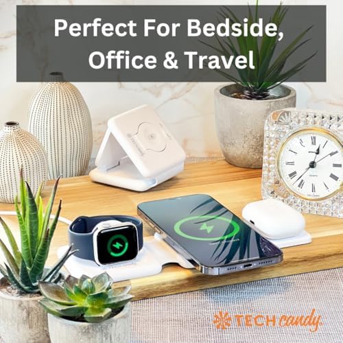 Tech Candy Three Way Charging Valet – Wireless Charging Pad for 3 Devices, Compact & Foldable 20 W Fast Qi Charger for Phones, Earbuds & Smartwatches – Travel-Friendly Multi-Device Power Hub with Universal Compatibility & Sleek Design