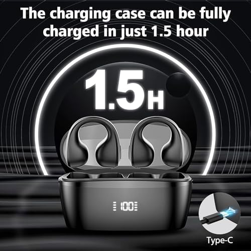 Revolutionary Bluetooth 5.3 Wireless Earbuds – Open Ear Clip Design for Ultimate Comfort and Awareness, 30 Hours Playtime with LED Charging Case – Perfect Fitness Headphones for Sports, Gym, Running, and Active Lifestyles in Sleek Black Finish