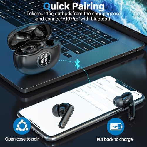 A10 Pro Wireless Earbuds – Advanced Bluetooth 5.3 Hi-Fi Stereo Headphones with 50 Hours Playtime, ENC Noise Cancellation for Superior Clarity, IPX7 Waterproof for Active Users, LED Battery Monitor – Ideal for Gym, Running, and Everyday Connectivity – Sleek Black Design