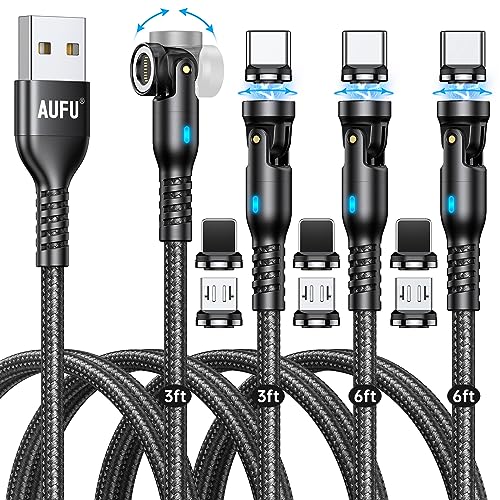 AUFU 9 Pin Magnetic Charging Cables – 4-Pack (2 x3 ft, 2 x6 ft) with 360°/180° Rotating Connectors for Effortless Fast Charging and Data Transfer – Compatible with Type C, Micro USB & i-Products – Durable, High-Speed 3 A Magnetic Charger for All Devices