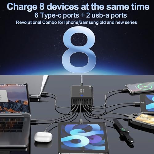 240 W High-Speed 8-Port Charging Station – Multi-Device USB Hub for i Phone, i Pad & Mac Book with 6 USB-C PD Ports, 2 USB-A Ports, 5 ft Braided Cord, On/Off Switch, Flat Plug Design for Travel Convenience and Optimal Space Management – Ultimate Charging Solution for Tech Enthusiasts