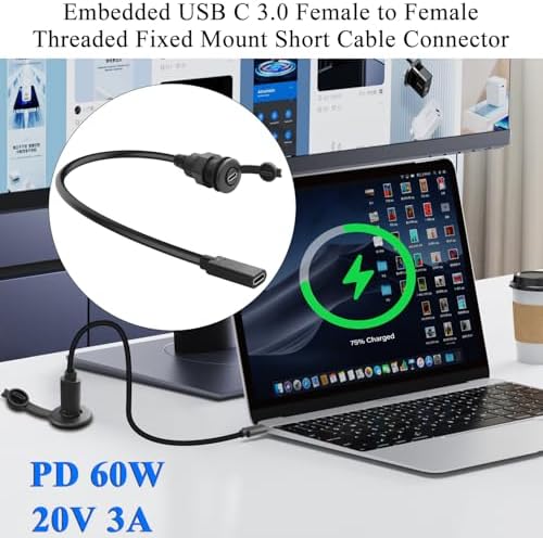 QIANRENON USB C 3.0 Female to Female Bulkhead Mount Adapter – 5 Gbps High-Speed Data Transfer & 60 W Rapid Charging Cable for Furniture, Vehicles, RVs – Compact 30 cm Connector for Enhanced Versatility & Secure Installation