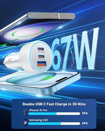 67 W 3-Port Ultra-Fast USB-C Car Charger with 3 FT Cable – High-Speed Charging for i Phone 16/16 e/15 Pro Max, Samsung Galaxy S25/S24/S23, Google Pixel 9/8/7, and Android Devices – Sleek Silver Design for Enhanced Style and Functionality