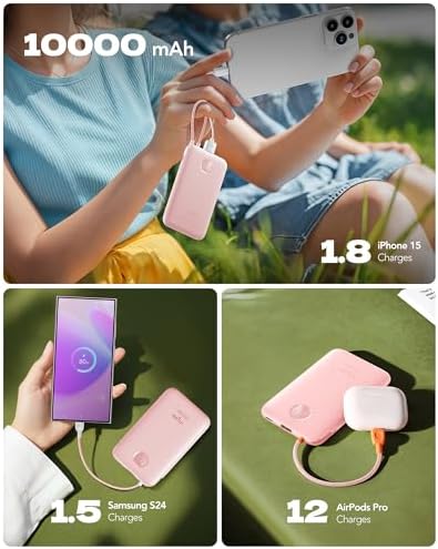 Slim Pink Portable Charger 10000 m Ah – USB-C Power Bank with Built-in Cable & LED Display for Fast Charging – Travel-Friendly Battery Pack Compatible with i Phone 16, 15, Samsung S24, S23 – Ultimate Convenience & Style