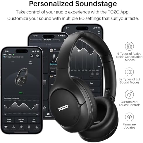 TOZO HT2 Wireless Over-Ear Headphones with Superior Active Noise Cancellation – Immerse in 60-Hour Playtime, Personalized Hi-Res Audio with Custom EQ, and Rich Deep Bass – Luxurious Khaki Design for Home, Office, and Travel Enthusiasts Seeking Unmatched Comfort and Sound Quality