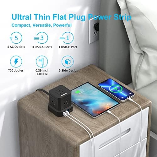 TOPREK Ultra-Slim 5-Outlet Power Strip with USB-C and USB-A Ports – 5 FT Flat Extension Cord Surge Protector for Efficient Charging in Home, Office, and Travel – Compact Design for Enhanced Portability and Safety