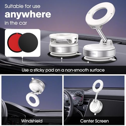 360° Rotatable Vacuum Magnetic Phone Holder, Foldable and Retractable Suction Cup Car Phone Mount for Car/Gym/Mirror/Smooth Surface, Compatible with iPhone Android and All Smartphones (Black) – Enhanced Compatibility and Speed