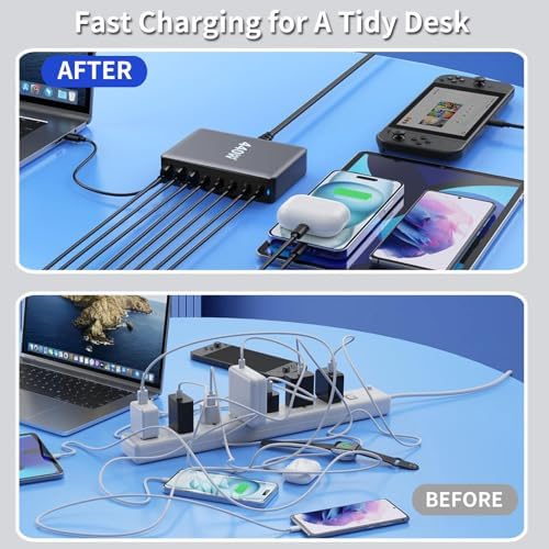 500 W USB-C Fast Charging Hub: 8-Port Power Station for Simultaneous Device Charging, PD PPS 100 W Wall Charger Compatible with Mac Book Pro/Air, i Pad, i Phone 16/15, HP, Dell, Lenovo, Acer – Optimal Speed, Universal Compatibility, and Enhanced Safety Features for All Electronics