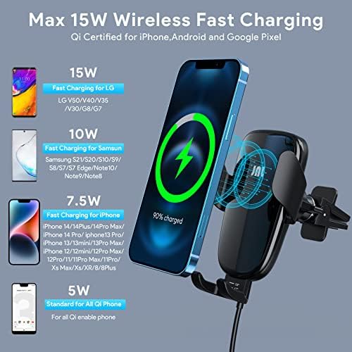 Effortless Wireless Car Charger with 15 W Qi Fast Charging – Auto-Clamping Air Vent Phone Holder for Ultimate Compatibility with i Phone 14/13/12 Series & Samsung Galaxy S23/S22/S21/S20 Plus – Ideal for Hands-Free Navigation and Rapid Charging