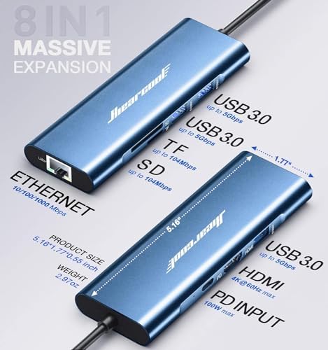 Revolutionize Your Connectivity with the Hiearcool 8-in-1 USB C Hub Ethernet – High-Speed 4 K@60 Hz HDMI, Dual USB 3.0 Ports & Gigabit Ethernet for Mac Book Pro/Air, i Pad, Dell, and Lenovo – Streamline Your Workspace with Effortless Multitasking and Enhanced Compatibility – Ultimate Portable Adapter for Professionals on the Go