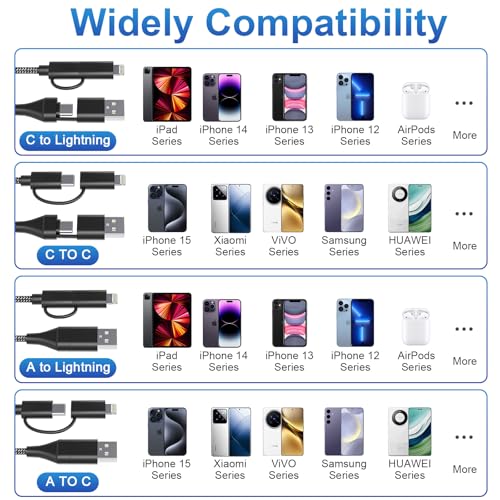 Experience the Ultimate Convenience with a 20 FT MFi Certified i Phone Charger Cord – Versatile 4-in-1 USB-C and Lightning Fast Charging Cable for i Phone, i Pad Pro, Galaxy, Mac Book, and Huawei Devices – Durable Nylon Braided Design for Long-Lasting Performance and Enhanced Charging Speed up to 60 W – Perfect for Seamless Data Transfer and Flexible Device Use at Home or Office