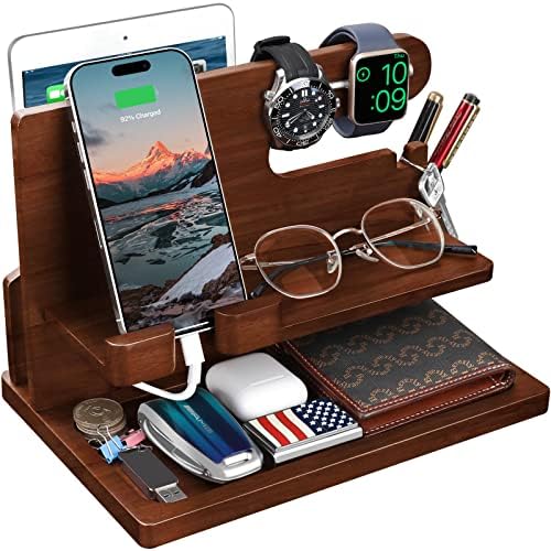 Wood Phone Docking Station – Nightstand Charging Organizer and Cell Phone Stand – Bedside Gift for Men – Enhanced Compatibility and Speed